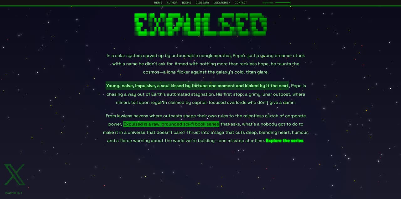 Portfolio screenshot of the Expulsed novel series website, a web design project by ByDon Javea.